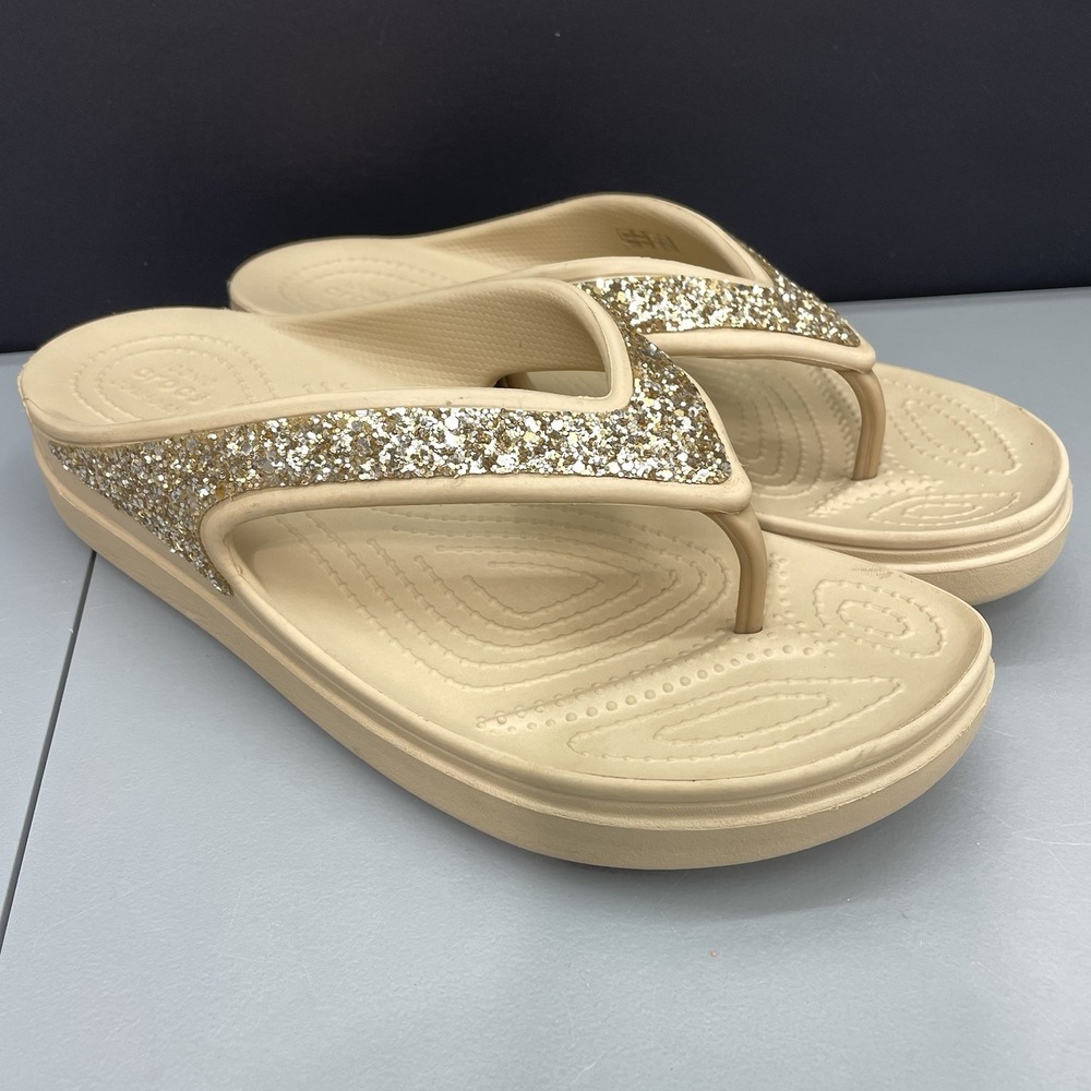 Crocs Sloane Glitter Flip Flops Thong Sandals Comfort Outdoor Beige Womens 9